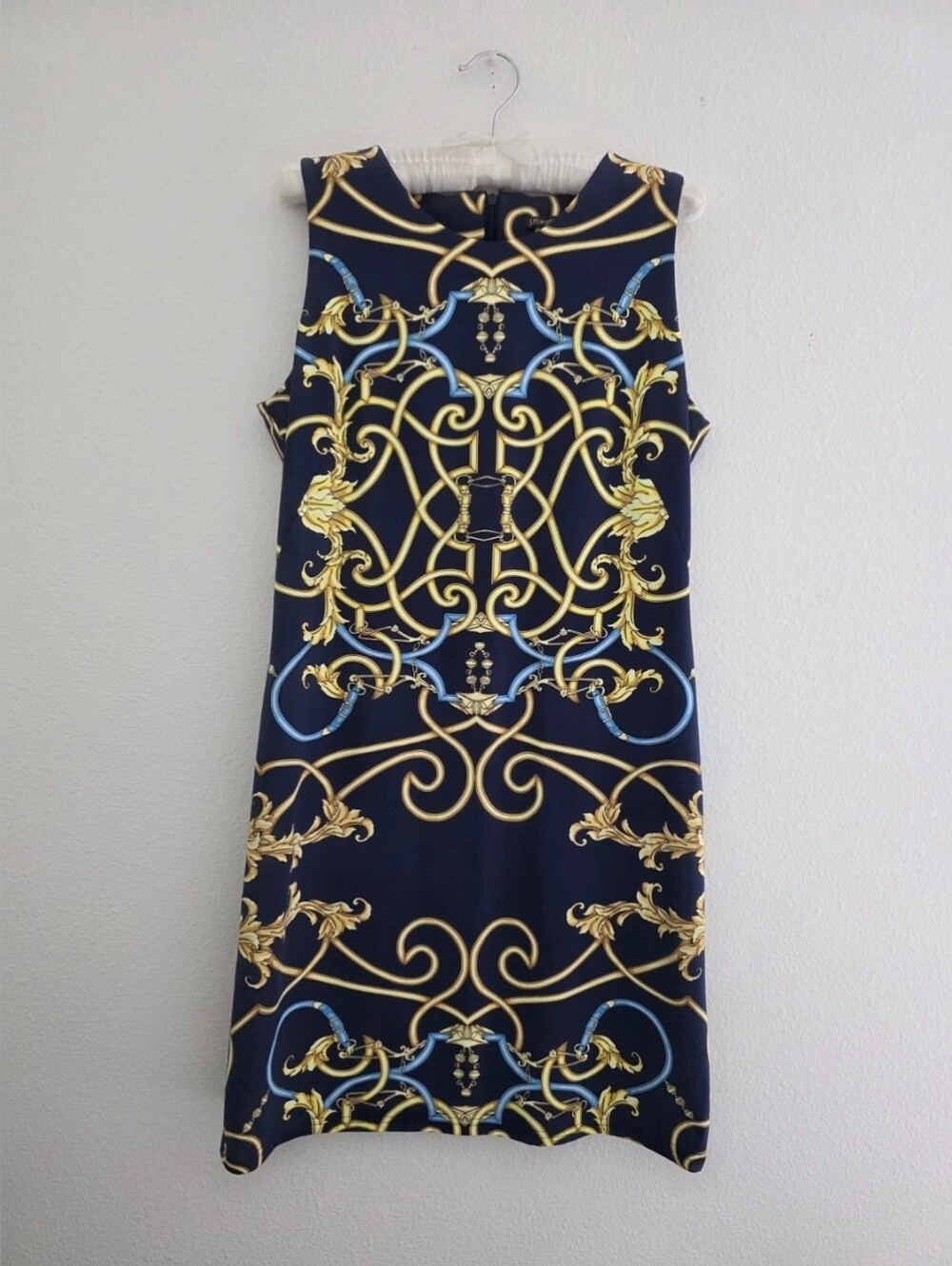 J McLaughlin Womens Dress In Navy Blue W/Chain Link Print Sheath Sleeveless Sz M